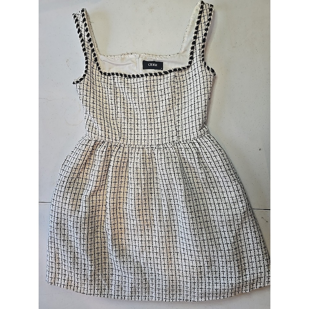 Cider Tweed Square Neckline Black & Cream Mini Dress Size Small S Silver Sparkle